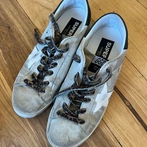 Light gray suede Golden Goose sneakers with leopard laces (Size 9)